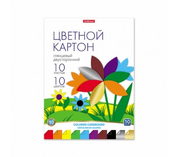 Цветной картон глянцевый двусторонний в папке ErichKrause, А4, 10 листов, 10 цветов. 1 штука