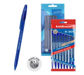 Набор из 8 ручек шариковых ErichKrause R-301 Stick Original 1.0, цвет чернил синий (в пакете)