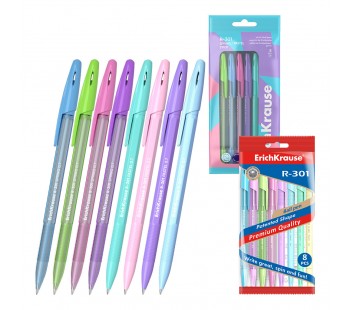 Набор из 8 ручек шариковых ErichKrause R-301 Stick Spring/ Pastel 0.7, цвет чернил синий (в пакете)
