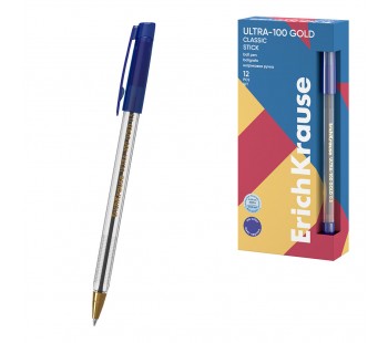 Ручка шариковая ErichKrause ULTRA-100 Gold Stick Classic 0.5, Super Glide Technology, цвет чернил синий (в коробке по 12 шт.)