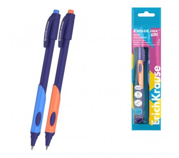 Набор из 2 ручек шариковых ErichKrause ErgoLine® Kids для левшей Stick&Grip Neon 0.5, Super Glide Technology, цвет чернил синий (в пакете)