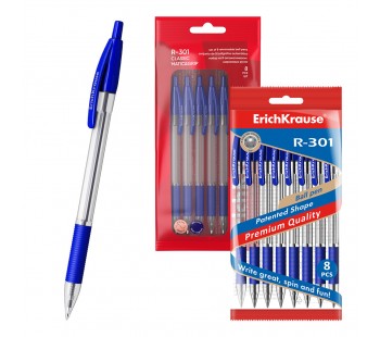 Набор из 8 ручек шариковых автоматических ErichKrause R-301 с резиновым хватом Классика 1.0, цвет чернил синий (в пакете)