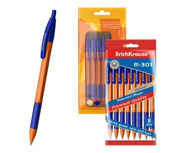Набор из 8 ручек шариковых автоматических ErichKrause R-301 с резиновым хватом Охра 0.7, цвет чернил синий (в пакете)