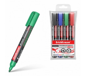 Перманентный маркер ErichKrause Liquid LP-600, черный, синий, красный, зеленый (футляр 4шт).
