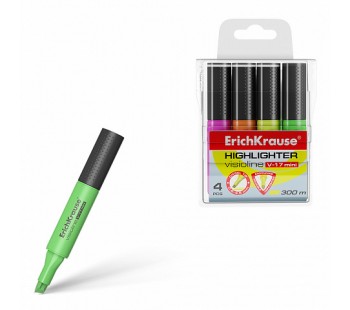 Текстмаркер ErichKrause® Visioline V-17 Mini, цвет чернил: желтый, зеленый, розовый, оранжевый (в футляре по 4 шт.)