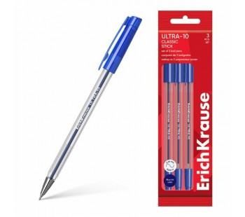 Набор 3 ручки шариковые ErichKrause ULTRA-10 Stick Classic 0.7, Super Glide Tech,синий