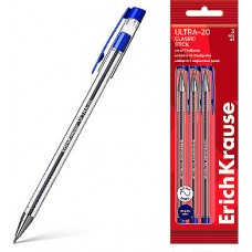 Набор 3 ручки шар.ErichKrause ULTRA-20 Stick Classic 0.7, Super Glide Tech,синий (в пакете)