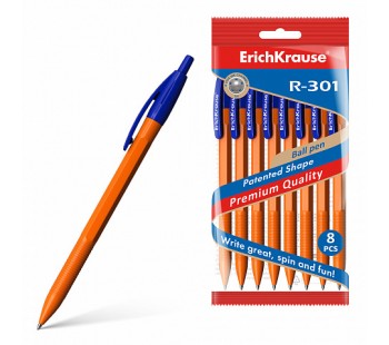 Ручка шариковая автоматическая ErichKrause® R-301 Orange Matic 0.7, цвет чернил синий (в пакете по 8 шт.)