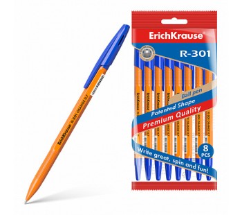 Ручка шариковая ErichKrause® R-301 Orange Stick 0.7, цвет чернил синий (в пакете по 8 шт.)