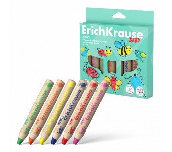 Цветные карандаши деревянные ErichKrause Baby Jumbo утолщенные круглые, грифель 10 мм, 6 цветов с точилкой