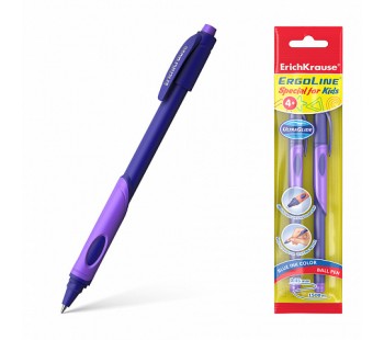 Ручка шариковая ErichKrause® ErgoLine® Kids, Ultra Glide Technology, цвет чернил синий (в пакете по 2 шт.) фиолетовая грип-зона.