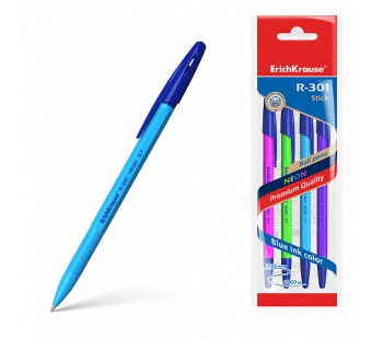 Ручка шариковая ErichKrause® R-301 Neon Stick 0.7, цвет чернил синий (в пакете по 4 шт.)