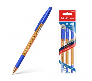 Ручка шариковая. ErichKrause. R-301 Amber Stick&Grip. 0,7. Цвет чернил синий. В пакете по 3 штуки