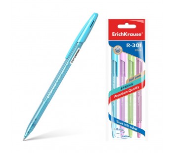 Ручка шариковая. ErichKrause. R-301 Spring Stick. 0,7. Цвет чернил синий. В пакете по 4 штуки