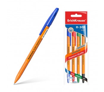 Ручка шариковая. ErichKrause. R-301 Orange Stick. 0,7. Цвет чернил: синий, черный, красный, зеленый. 4 ручки в пакете