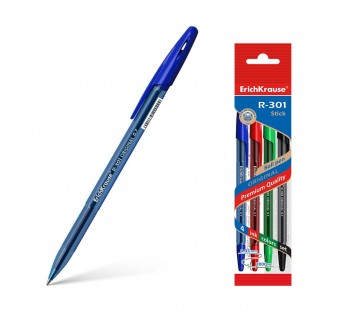 Ручка шариковая. ErichKrause. R-301 Original Stick. 0,7. Цвет чернил синий, черный, красный, зеленый (в пакете по 4 шт.)