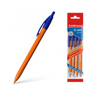 Ручка шариковая автоматическая. ErichKrause. R-301 Orange Matic. 0,7. Цвет чернил синий. В пакете по 4 шт